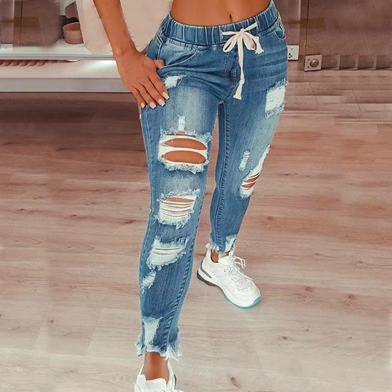 High Waist Ripped Elastic Waist Drawstring Jeans Women Trousers Blue - Shop at LoveMi