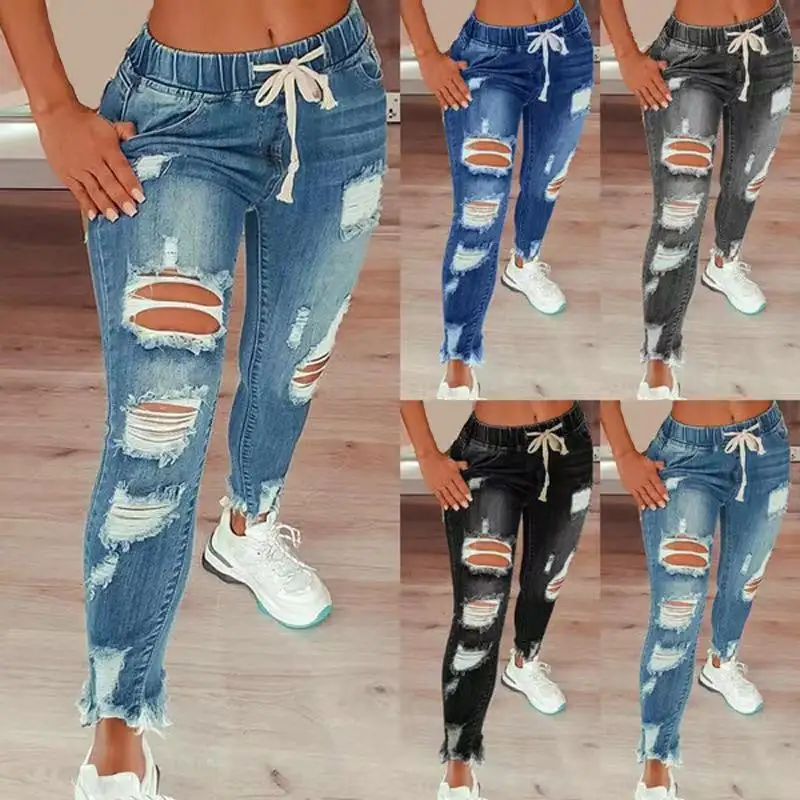 High Waist Ripped Elastic Drawstring Jeans Women Trousers