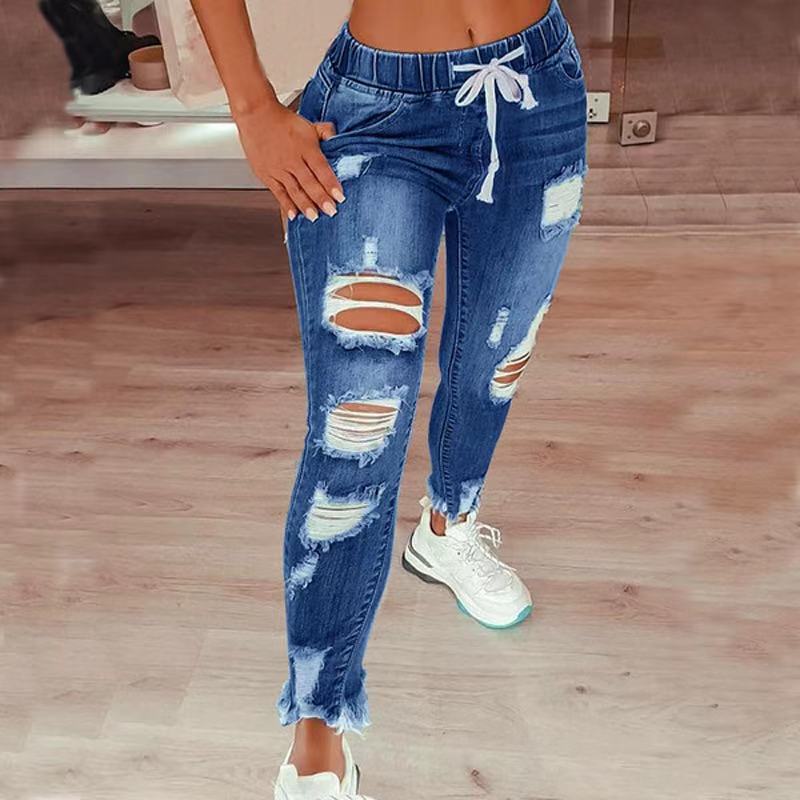 High Waist Ripped Elastic Waist Drawstring Jeans Women Trousers Dark Blue - Shop at LoveMi