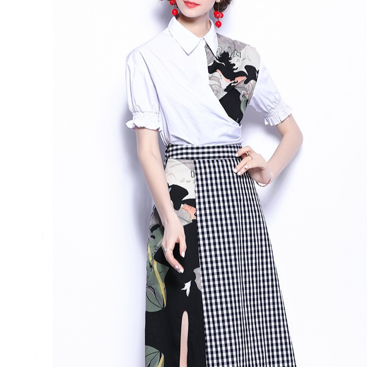 New Printed Stitching Short-sleeved Shirt Plaid Split Skirt Two-piece Suit