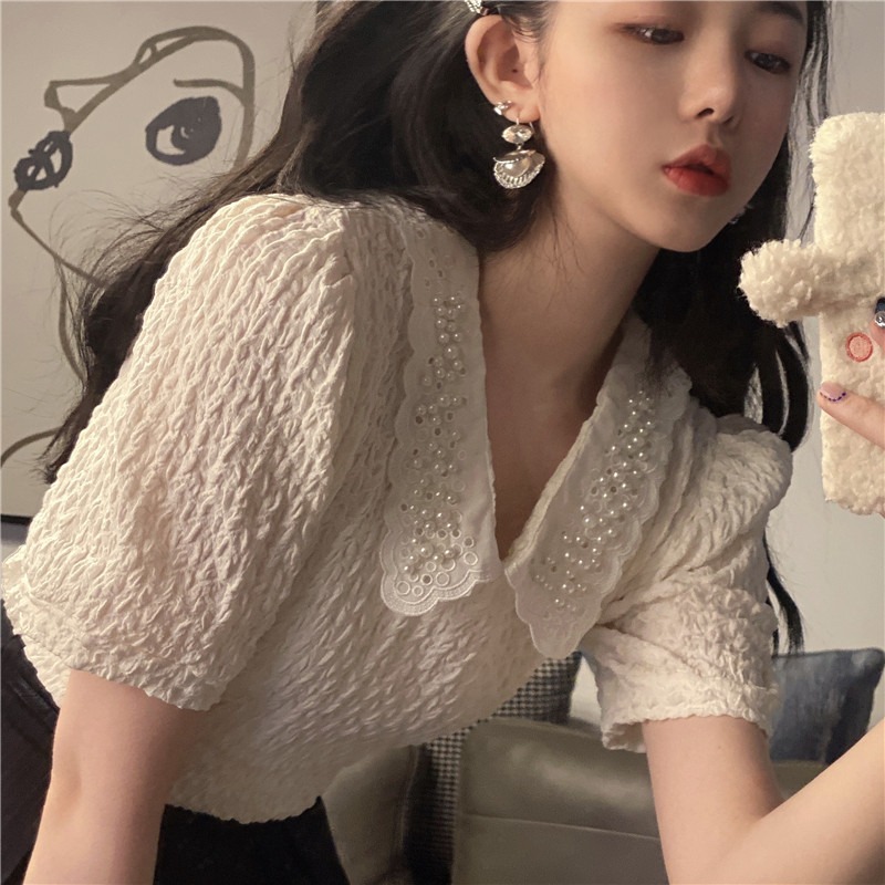 Doll Collar Puff Sleeve Shirt Women Summer New French Sweet Fold Design Niche Short-sleeved Top