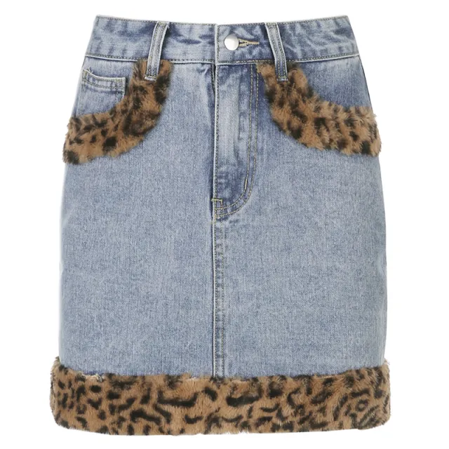 New Women's Skirt Ins European And American Style Fashion Leopard Print Hairy Color Matching Hip Denim Skirt Female Casual A Line Skirt Blue - Shop at LoveMi