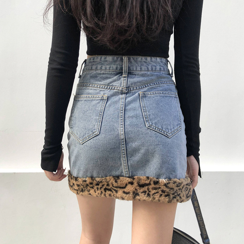  New Women's Skirt Ins European And American Style Fashion Leopard Print Hairy Color Matching Hip Denim Skirt Female Casual A-Line Skirt