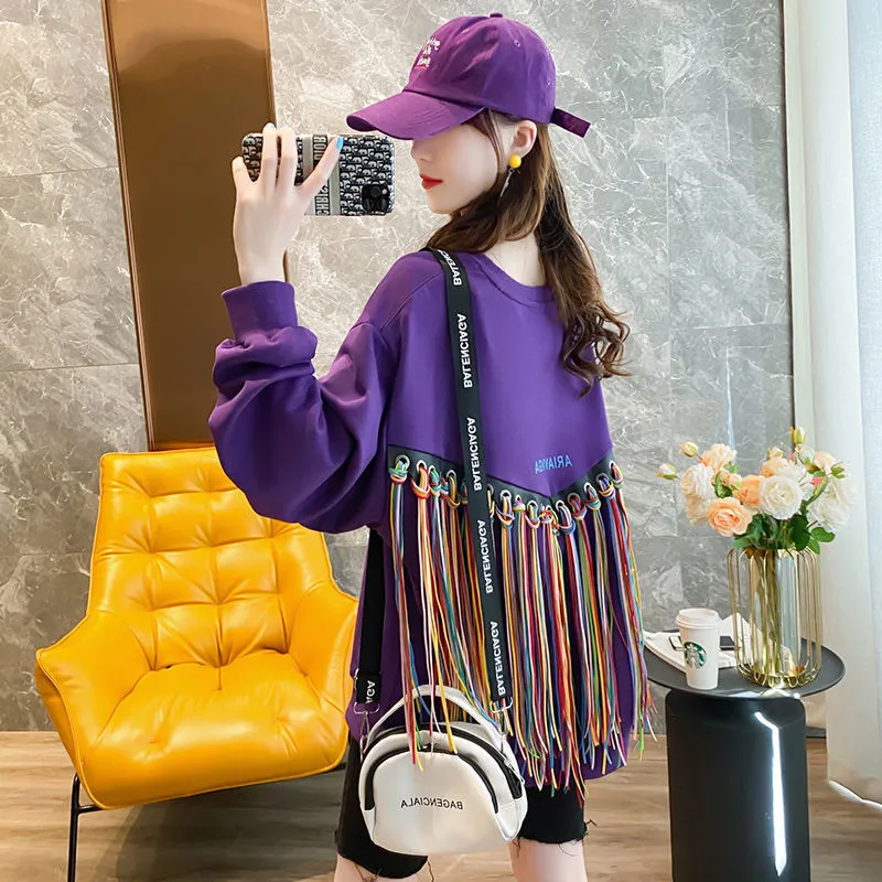 Color Tassel Round Neck Blouse Small Jacket - Purple