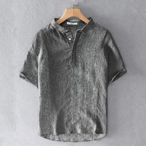 Linen Striped Short Sleeve Shirt Summer Retro Shirt Breathable Linen Linen Cotton Linen Square Collar T shirt Grey - Shop at LoveMi