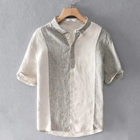 Linen Striped Short Sleeve Shirt Summer Retro Shirt Breathable Linen Linen Cotton Linen Square Collar T shirt Khaki - Shop at LoveMi