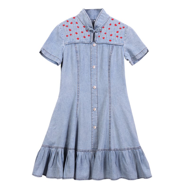 Retro Little Man Love Embroidery Slim Denim Skirt Female Summer New Lotus Leaf Dress — image 1