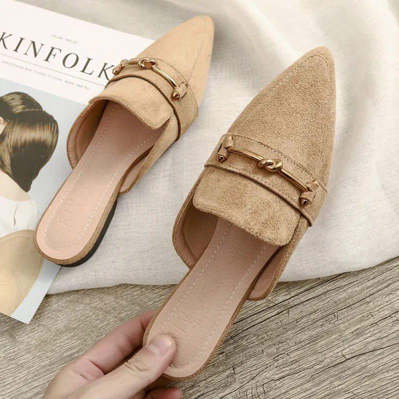Spring New Pointed Cool And Half Slippers Female Baotou Flat-bottomed Casual Wear Large Size 41-42 Muller Shoes 295-3 - Khaki