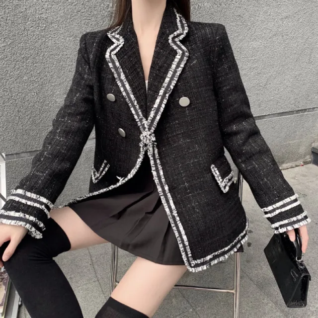 Woolen Coat Women'S Autumn And Winter New Korean Style Contrast Color Small And Loose Black - Shop at LoveMi