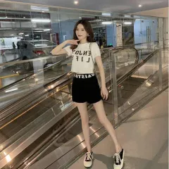 Two-Piece Short-Sleeved T-Shirt Shorts With Cotton Top - Black Shorts White - View 1