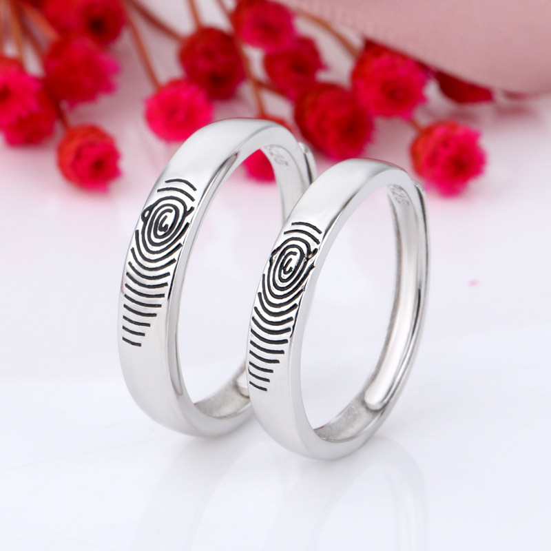 Fingerprint Couple Ring Live Mouth S925 Silver Men's  Pair Ring