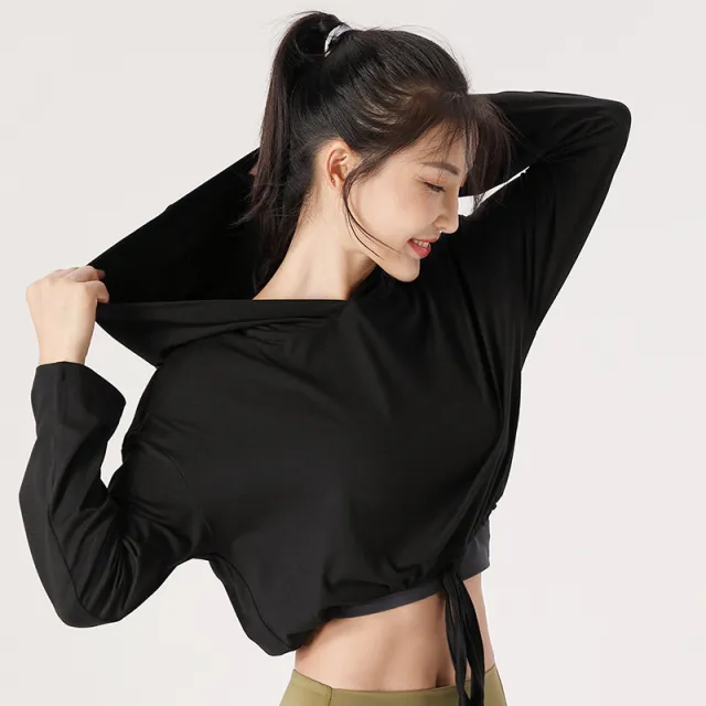 Fashion Simple Hooded Round Neck Yoga Wear Top Black - Shop at LoveMi