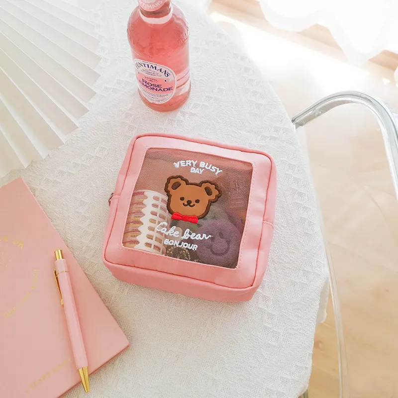 Bear Cosmetic Bag Square Large-capacity Girl's Heart - Pink