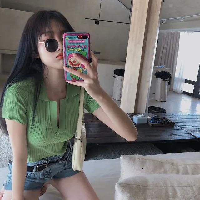 Fashion Ladies V neck Knit Polo Shirt Short Sleeve Green - Shop at LoveMi