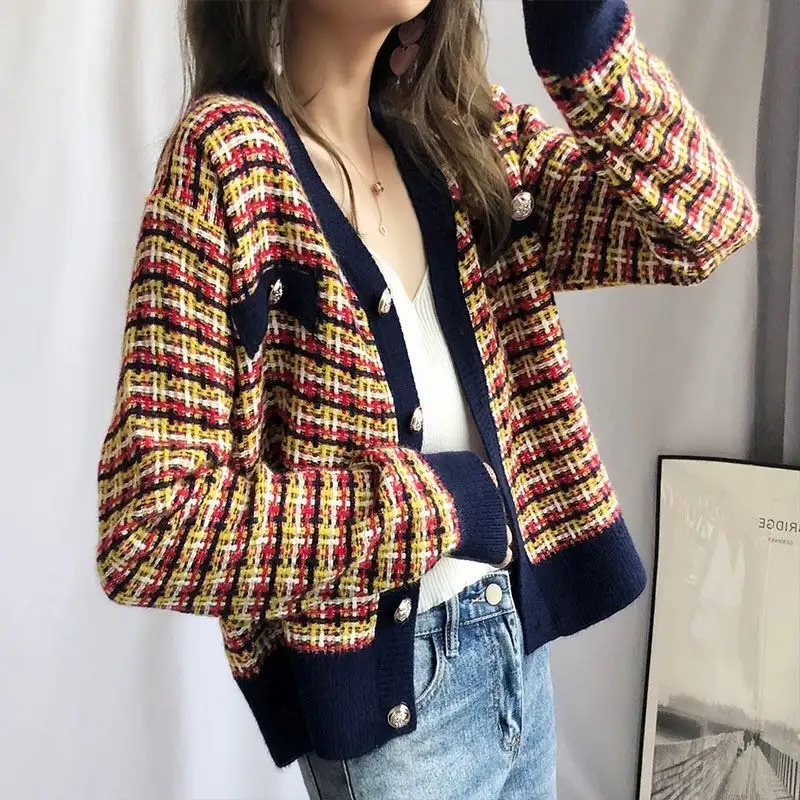 Short Plaid Small Fragrant Style Sweater
