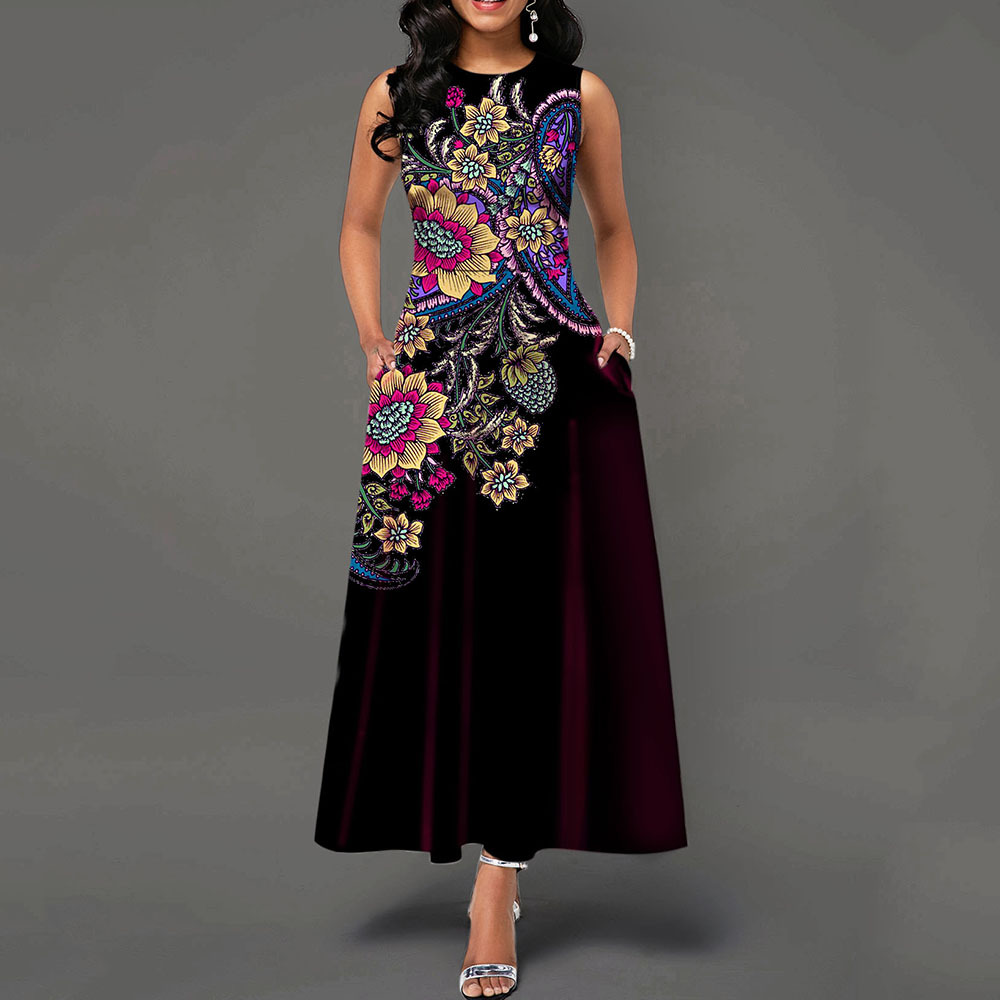 Hot New Style Short Sleeve Round Neck Printing Casual Long Skirt Dress