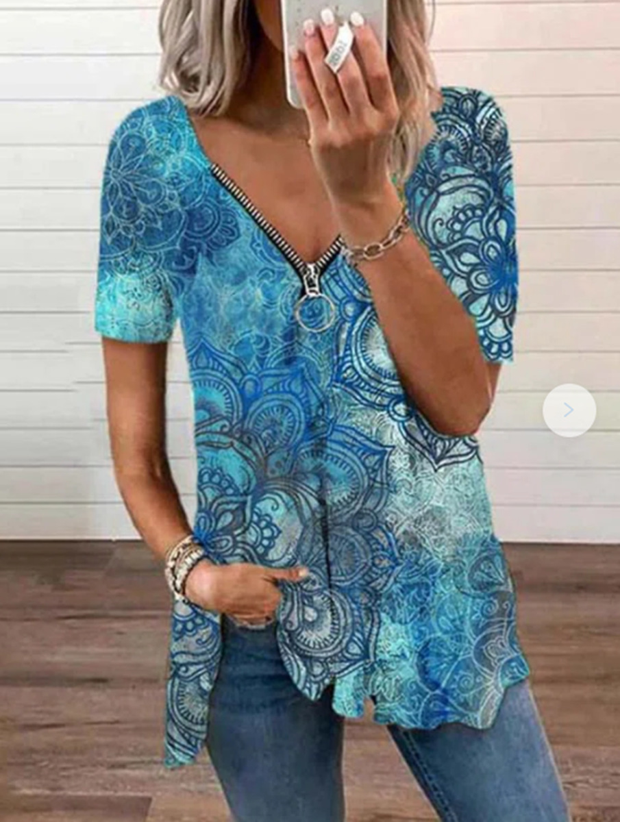 Title 6, Summer New Sexy V Neck Zipper Short Sleeved Pri...