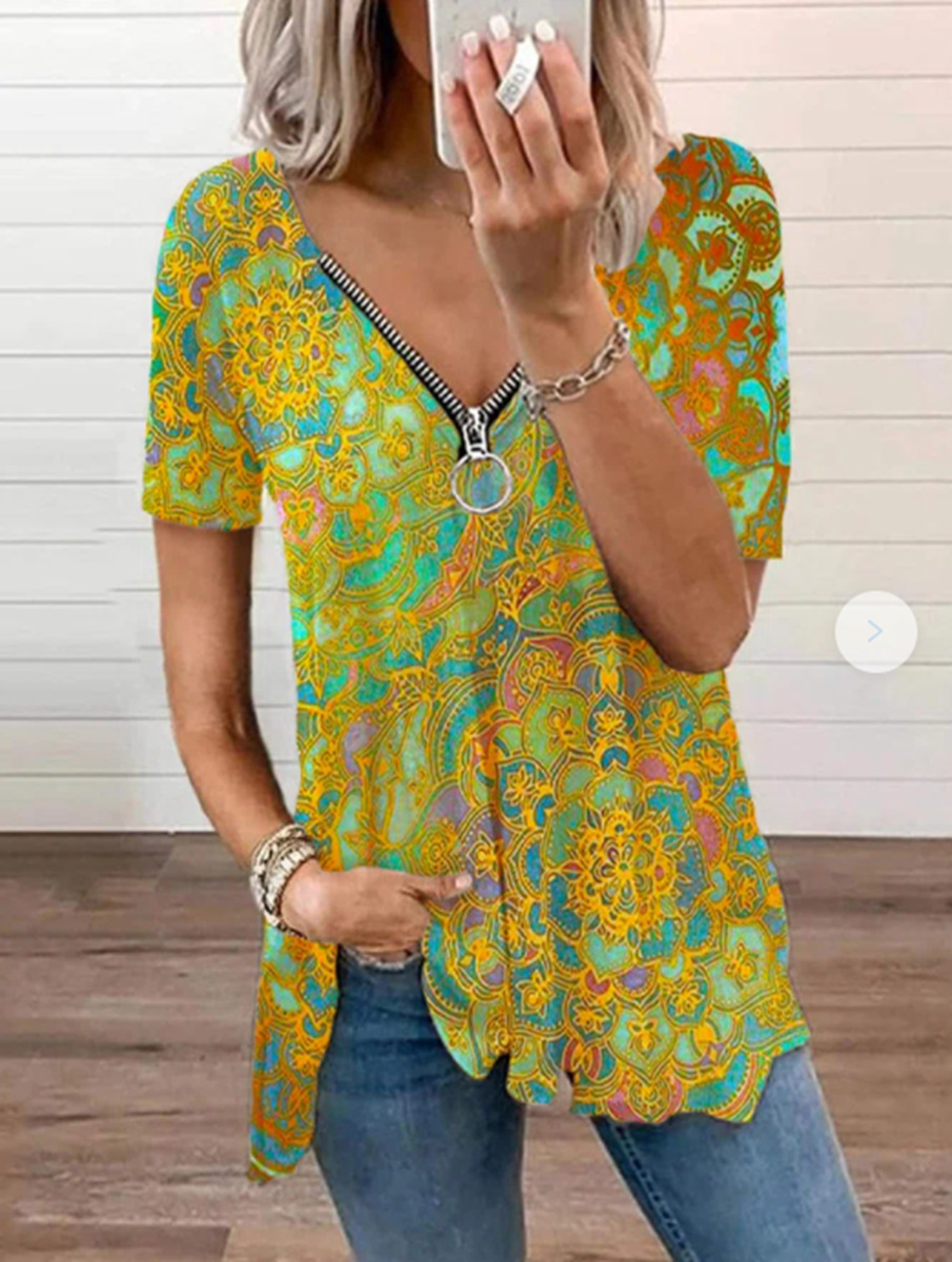 Title 14, Summer New Sexy V Neck Zipper Short Sleeved Pri...