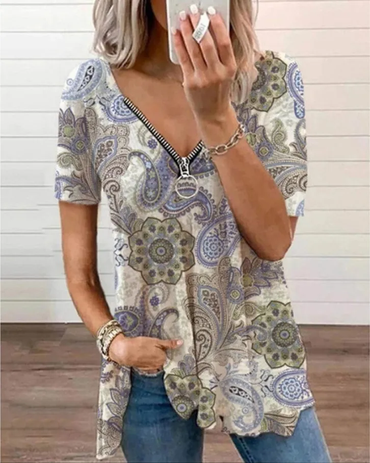 Summer New Sexy V Neck Zipper Short Sleeved Printed T Shirt - Grey