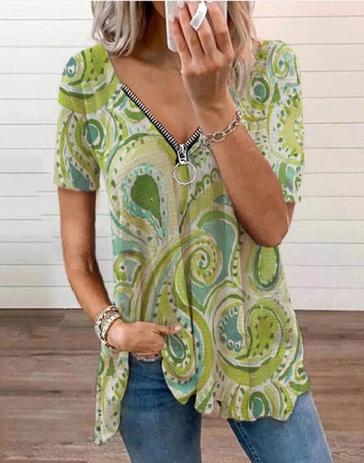 Summer New Sexy V Neck Zipper Short Sleeved Printed T Shirt