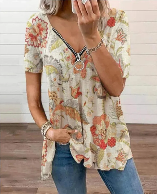 Summer New Sexy V Neck Zipper Short Sleeved Printed T Shirt Khaki - Shop at LoveMi