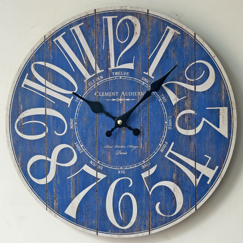 Blue Digital Wall Clock Creative Old Wooden Wall Sticker Clock
