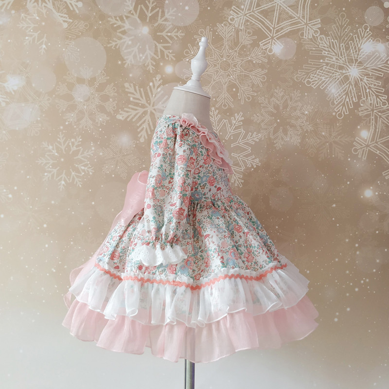 Original Custom Children's Long-sleeved Princess Dress With Fluffy Yarn And Small Floral