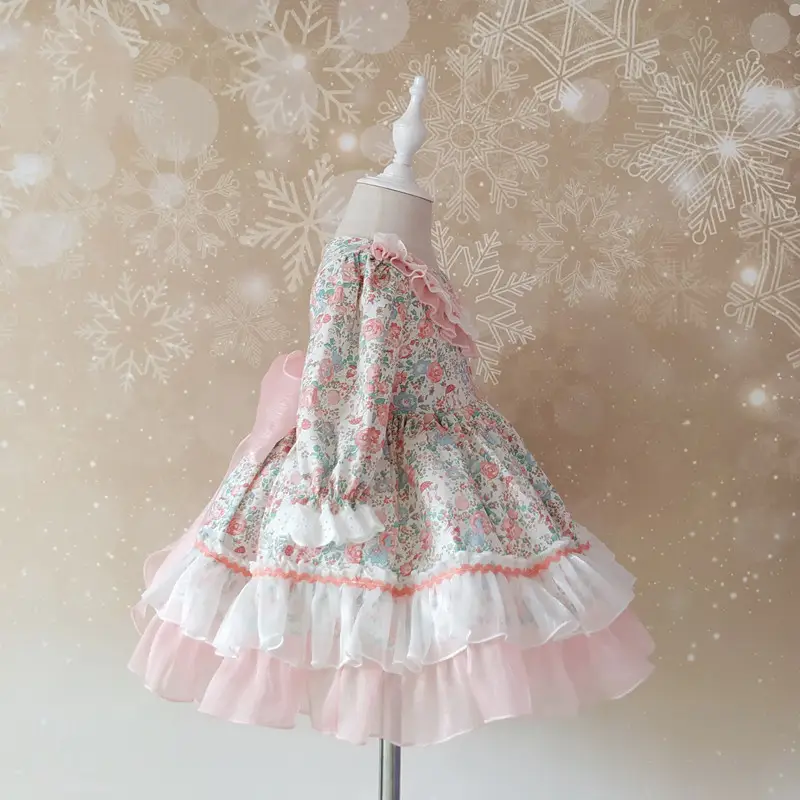 Original Custom Children's Long-sleeved Princess Dress With Fluffy Yarn And Small Floral