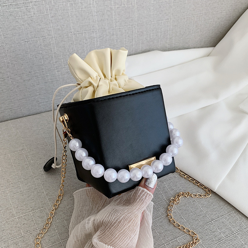 Small Ladies Handbag Pearl Chain Bucket Bag Black - Shop at LoveMi