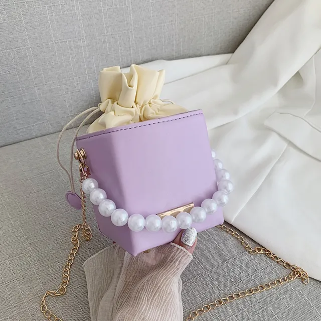 Small Ladies Handbag Pearl Chain Bucket Bag Purple - Shop at LoveMi