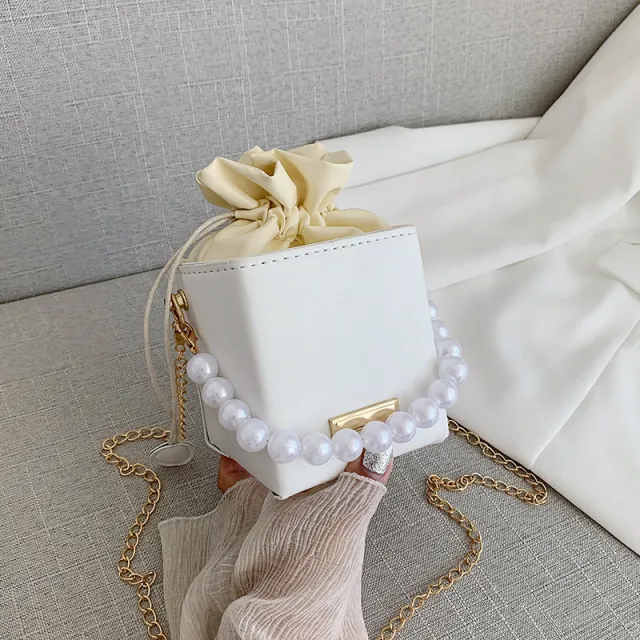 Small Ladies Handbag Pearl Chain Bucket Bag White - Shop at LoveMi