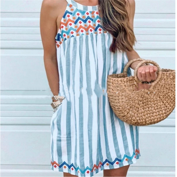 Striped Embroidered Round Neck Dress