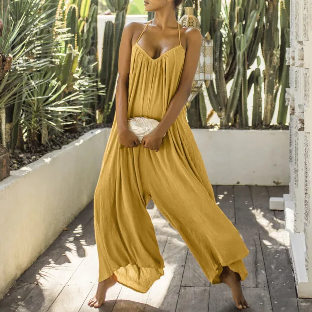 Solid Color One Piece Sleeveless Sports Loose Women's Jumpsuit Yellow - Shop at LoveMi