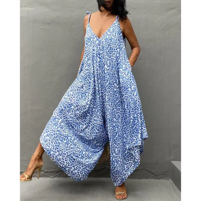 Ladies Leopard Print Suspender Sexy Backless Jumpsuit Dress Light Blue - Shop at LoveMi