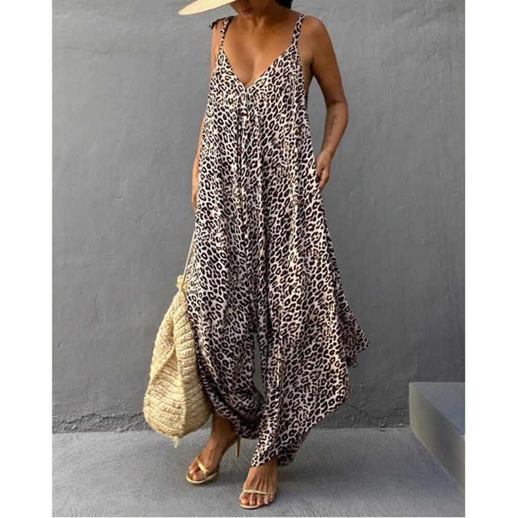 Ladies Leopard Print Suspender Sexy Backless Jumpsuit Dress Khaki - Shop at LoveMi