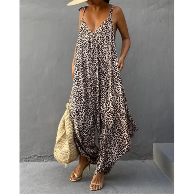 Ladies Leopard Print Suspender Sexy Backless Jumpsuit Dress Khaki - Shop at LoveMi