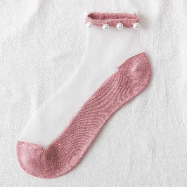 5 Pairs Of Crystal Silk Socks Shallow Mouth Beaded Net Red Net Yarn Lace Lace Glass Socks Thin Summer Boat Socks Pink - Shop at LoveMi