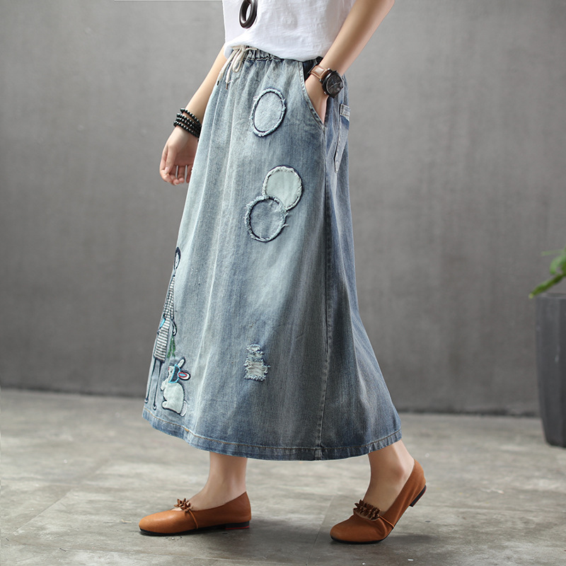 Ethnic Style Retro Print Little Girl Rabbit Denim Skirt Female Circle Patch Elastic Waist Hole Washed