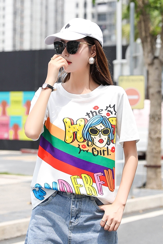 Personalized Short-sleeved T-Shirt Women Summer Cartoon Printed Letters Loose Round Neck