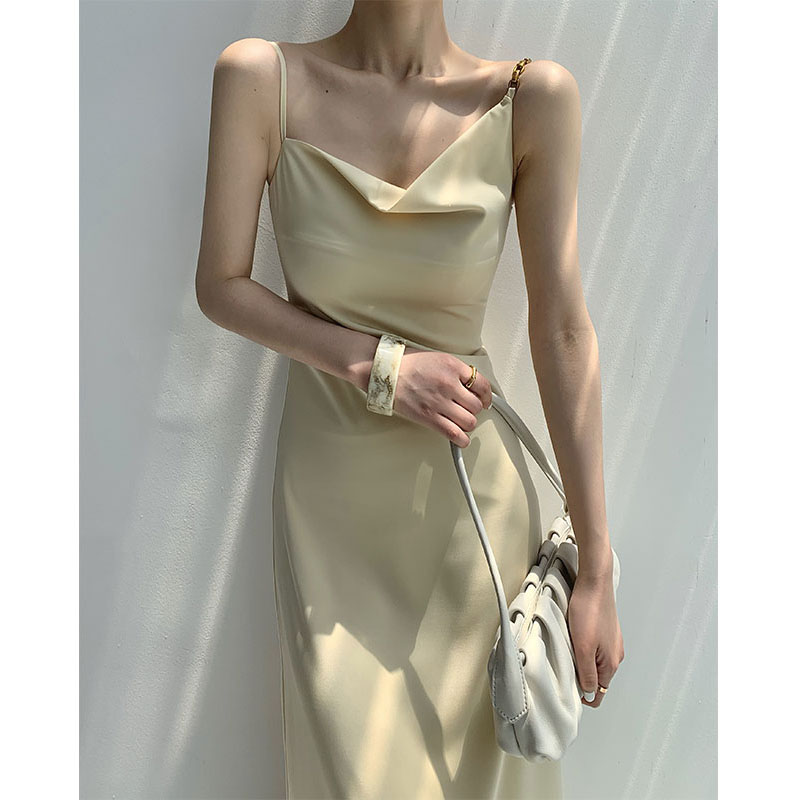 Asymmetric Oblique Collar Design Sense Of High-End Temperament Long Skirt