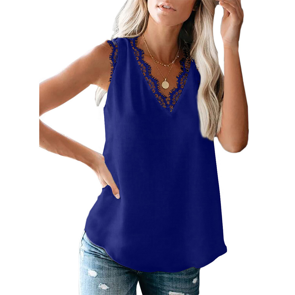 V neck Lashes Lace Sleeveless Loose Tank Top T shirt Dark Blue - Shop at LoveMi