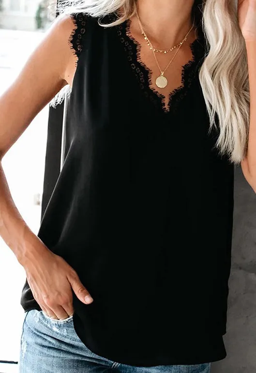 V neck Lashes Lace Sleeveless Loose Tank Top T shirt Black - Shop at LoveMi