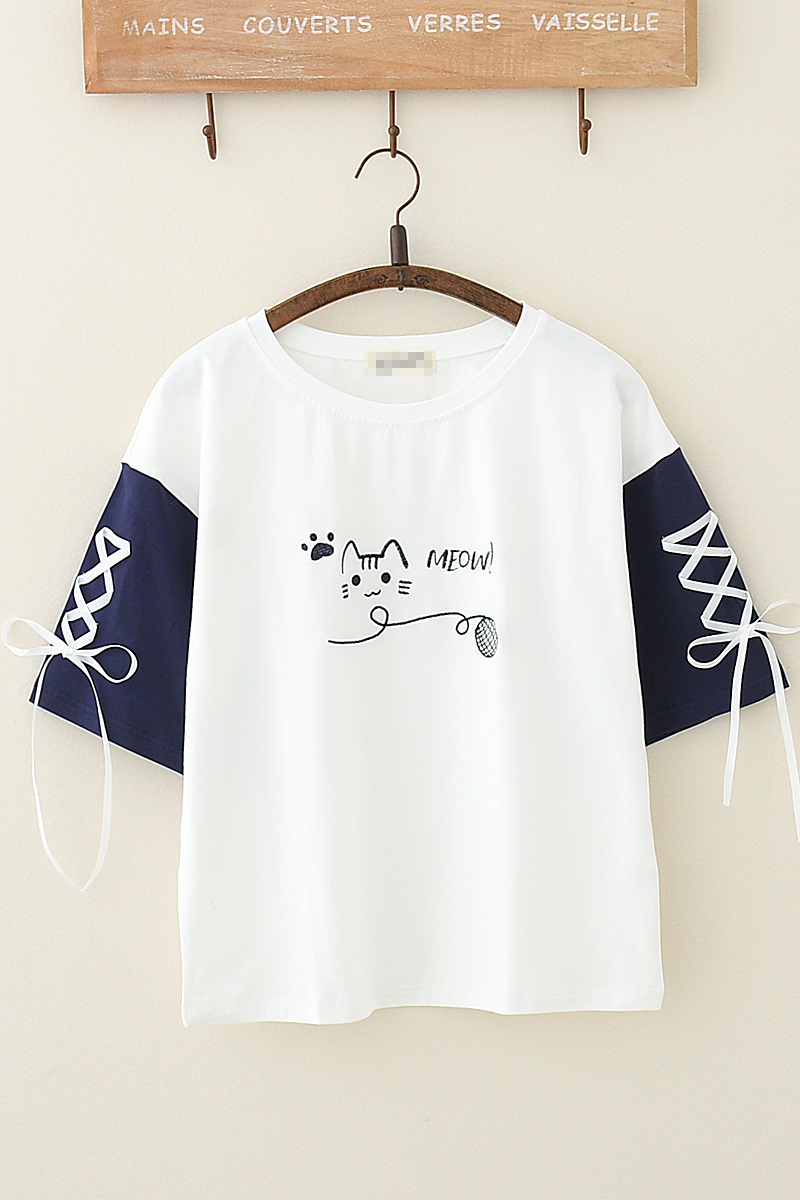 Japanese Summer Harajuku Style Cat Embroidered Short-sleeved T-shirt