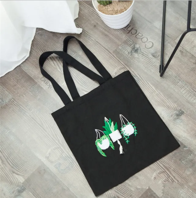 Thorn Embroidered Canvas Bag Embroidery DIY Student Cloth Bag One Shoulder Black - Shop at LoveMi