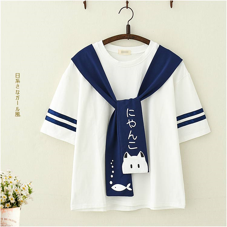 Cat Print Lace-Up Short-Sleeved T-Shirt