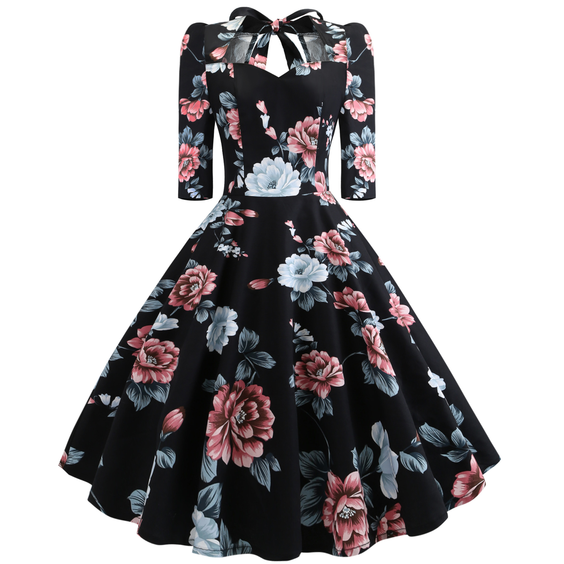 Retro Cross-border European And American Printed Bow-knot Dress