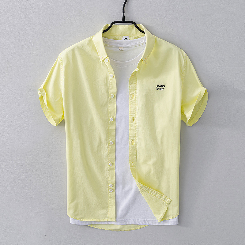 1606 Summer New Product Simple Solid Color Shirt Men's Casual English Embroidery Short-sleeved Shirt Men's