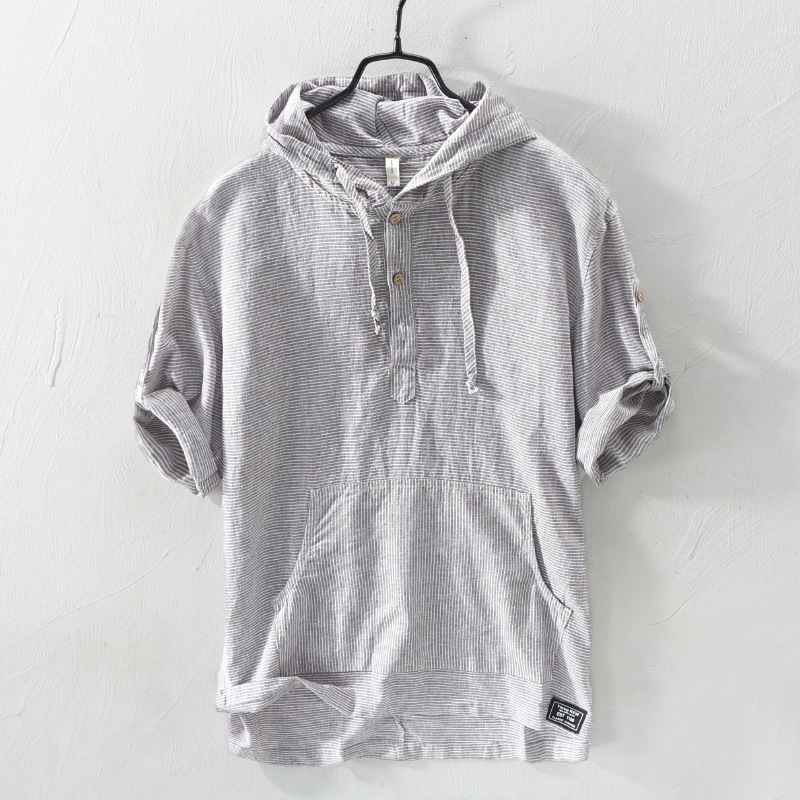 Summer Striped Men'S Hooded Cotton And Linen T-Shirt Drawstring T-Shirt