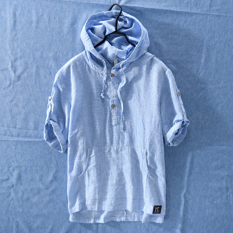 Summer Striped Men'S Hooded Cotton And Linen T-Shirt Drawstring T-Shirt