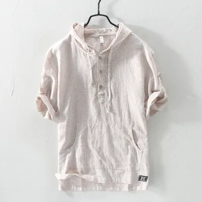 Summer Striped Men'S Hooded Cotton And Linen T-Shirt Drawstring T-Shirt